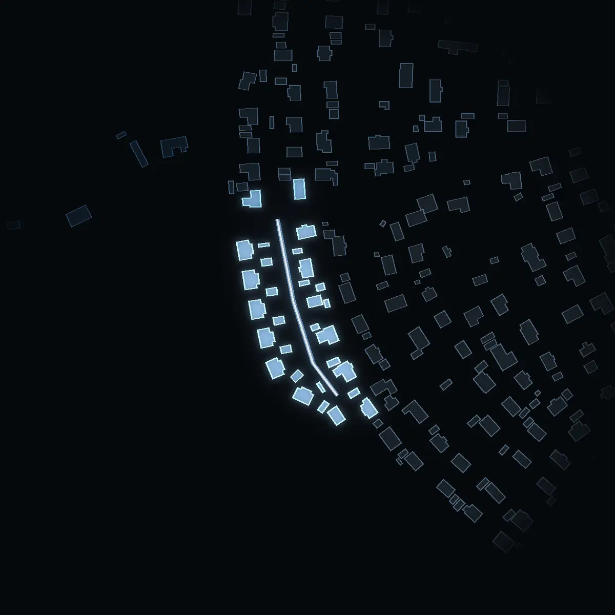 The street at night: Träkolsgränd drawn in white, its buildings lit in the colour of their area’s income