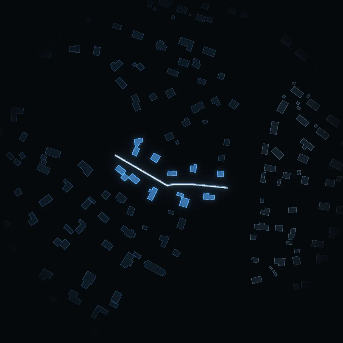 The street at night: Tranbärsstigen drawn in white, its buildings lit in the colour of their area’s income