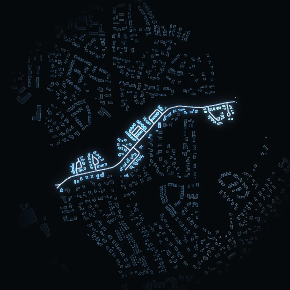 The street at night: Ungdomsvägen drawn in white, its buildings lit in the colour of their area’s income