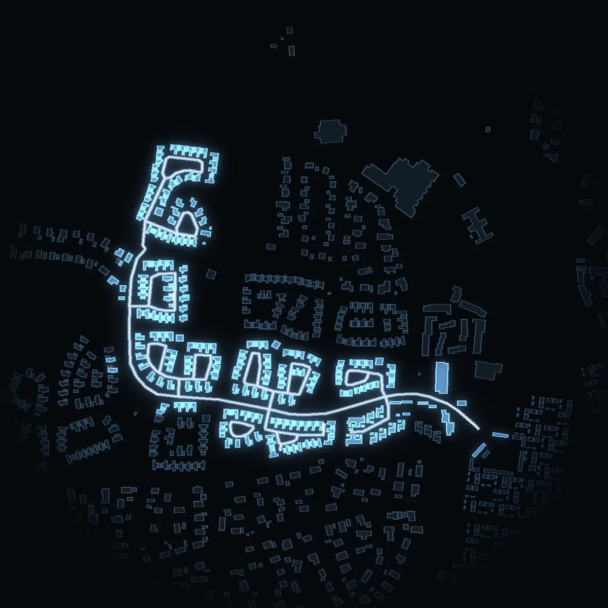 The street at night: Vallatorpsvägen drawn in white, its buildings lit in the colour of their area’s income