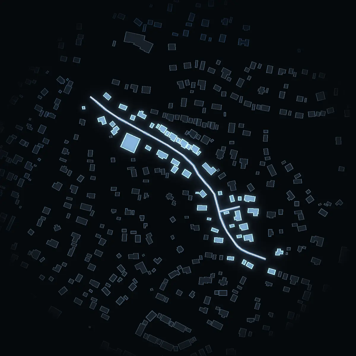 The street at night: Vasavägen drawn in white, its buildings lit in the colour of their area’s income