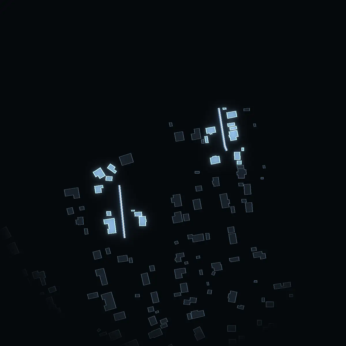 The street at night: Vickervägen drawn in white, its buildings lit in the colour of their area’s income