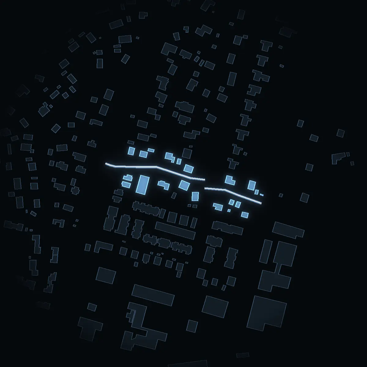 The street at night: Vidarvägen drawn in white, its buildings lit in the colour of their area’s income