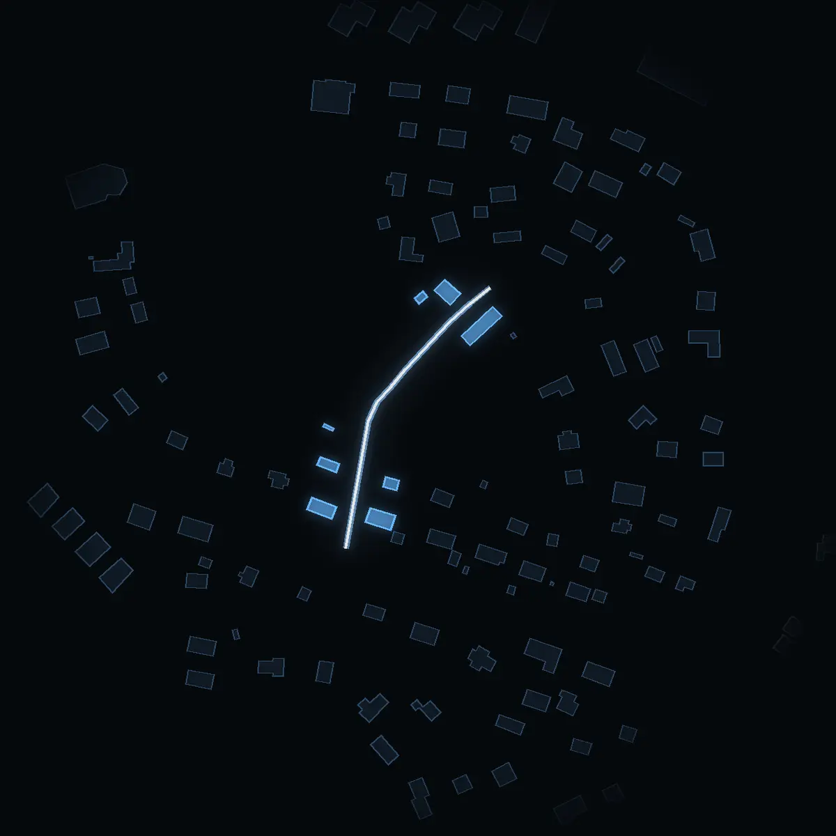 The street at night: Videbacken drawn in white, its buildings lit in the colour of their area’s income