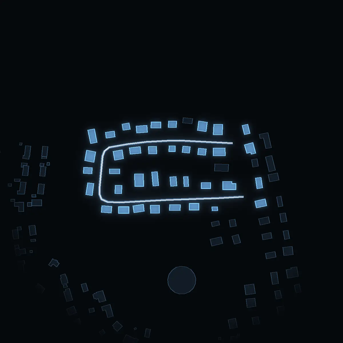 The street at night: Vollmervägen drawn in white, its buildings lit in the colour of their area’s income