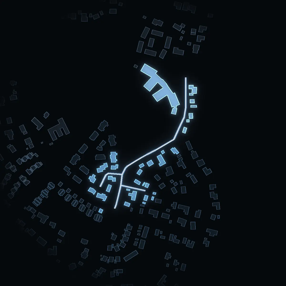 The street at night: Wittensdalsvägen drawn in white, its buildings lit in the colour of their area’s income