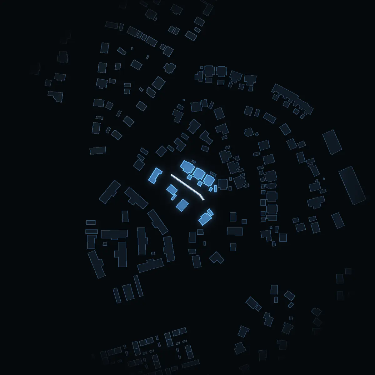 The street at night: Yxgränd drawn in white, its buildings lit in the colour of their area’s income