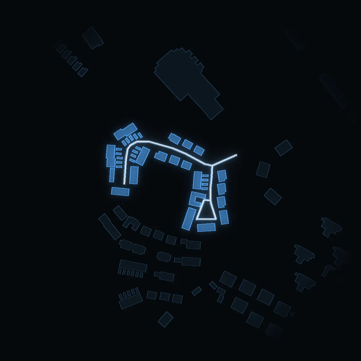 The street at night: Åbroddsgränd drawn in white, its buildings lit in the colour of their area’s income