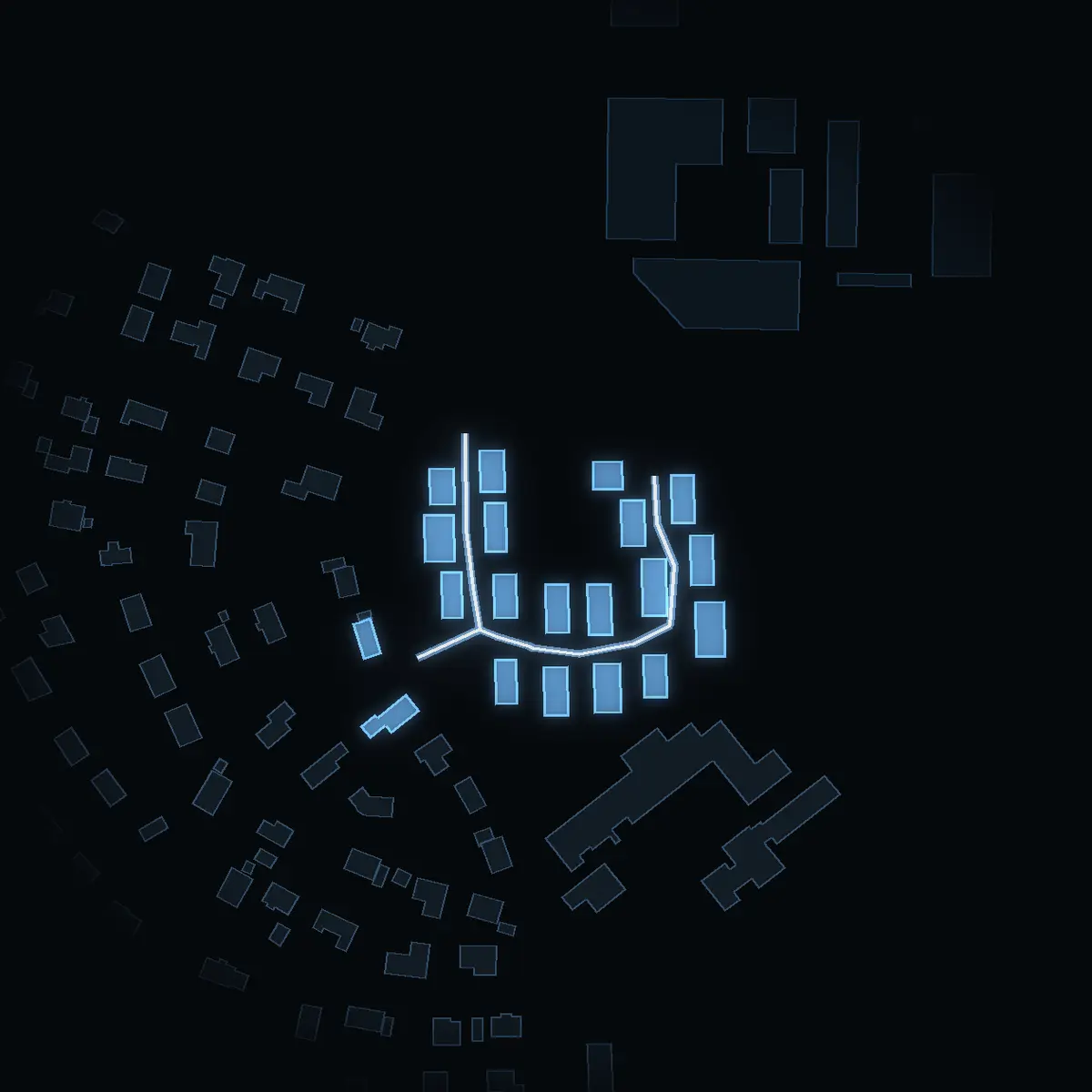 The street at night: Aniaragränd drawn in white, its buildings lit in the colour of their area’s income