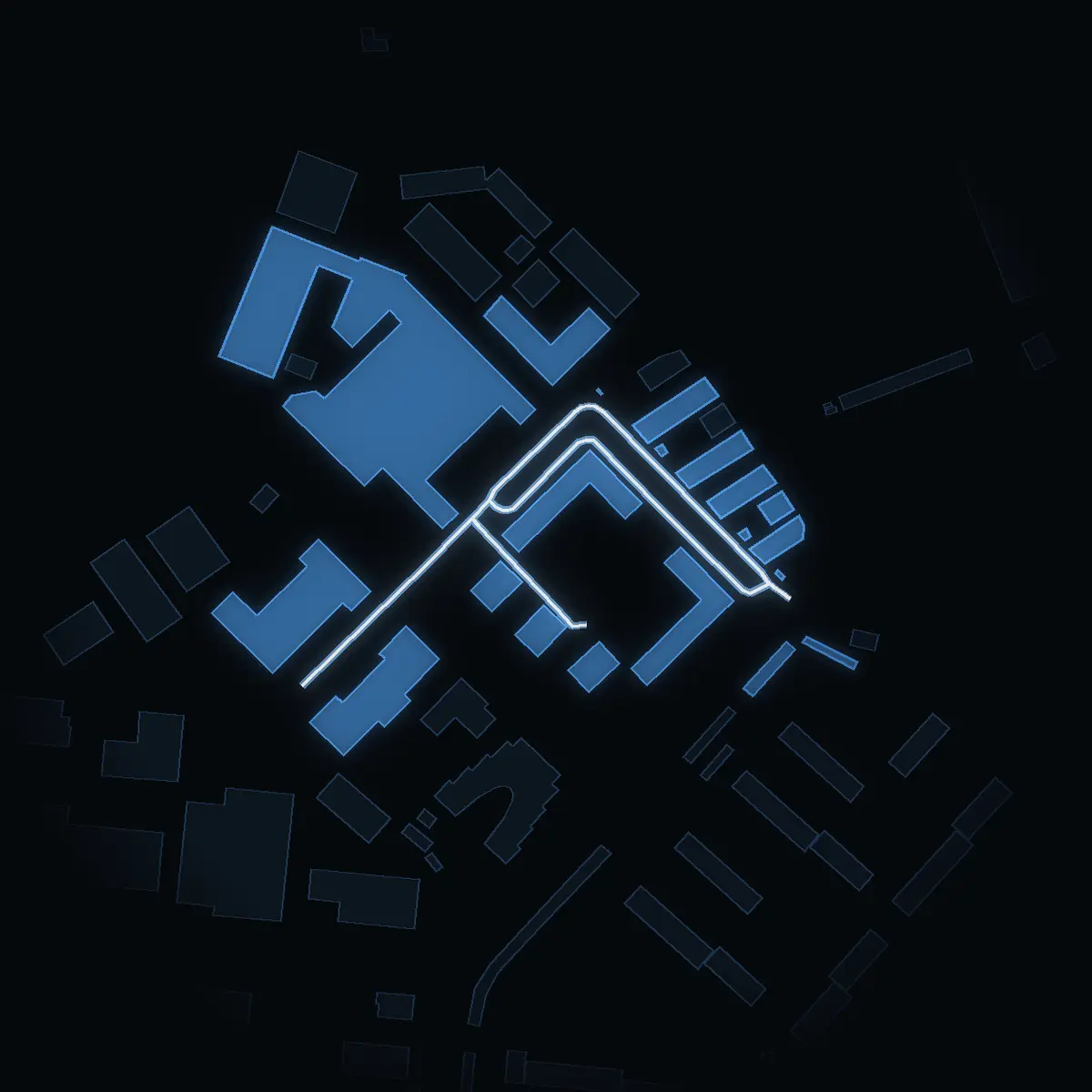The street at night: Axel Wennergrens väg drawn in white, its buildings lit in the colour of their area’s income