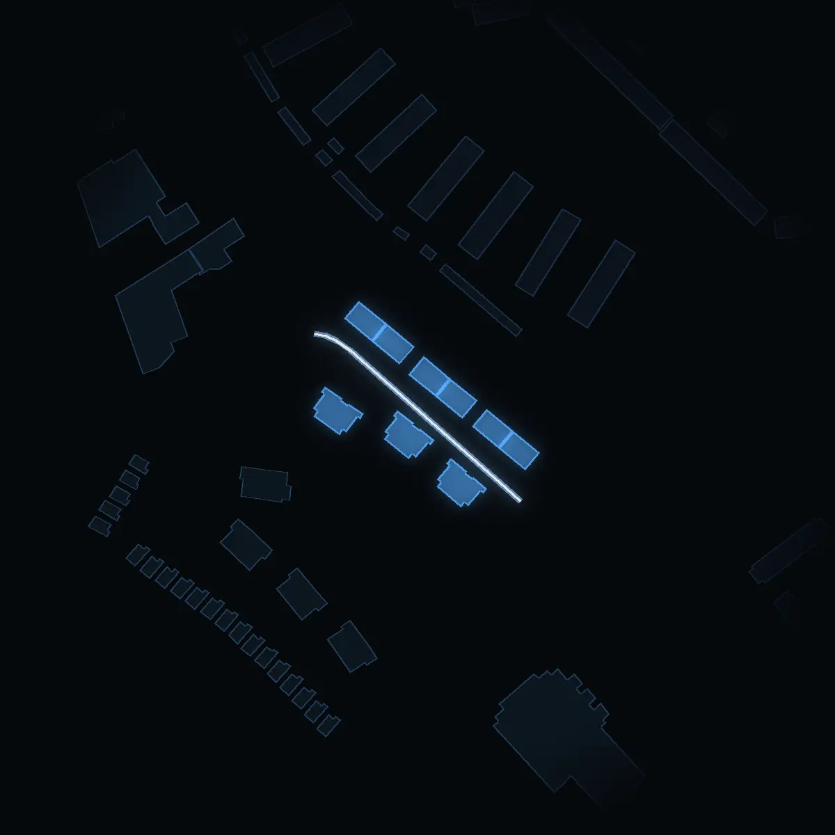 The street at night: Barrskogsvägen drawn in white, its buildings lit in the colour of their area’s income