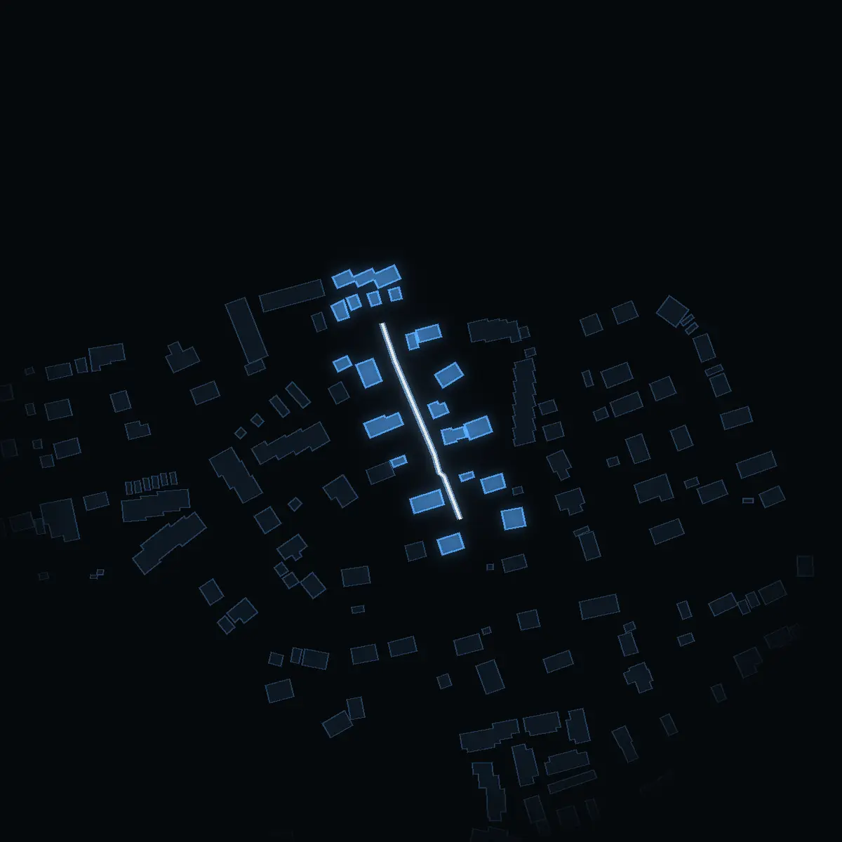 The street at night: Beryllvägen drawn in white, its buildings lit in the colour of their area’s income
