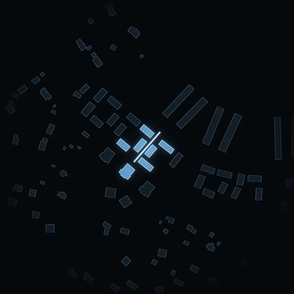 The street at night: Björkängsgränd drawn in white, its buildings lit in the colour of their area’s income