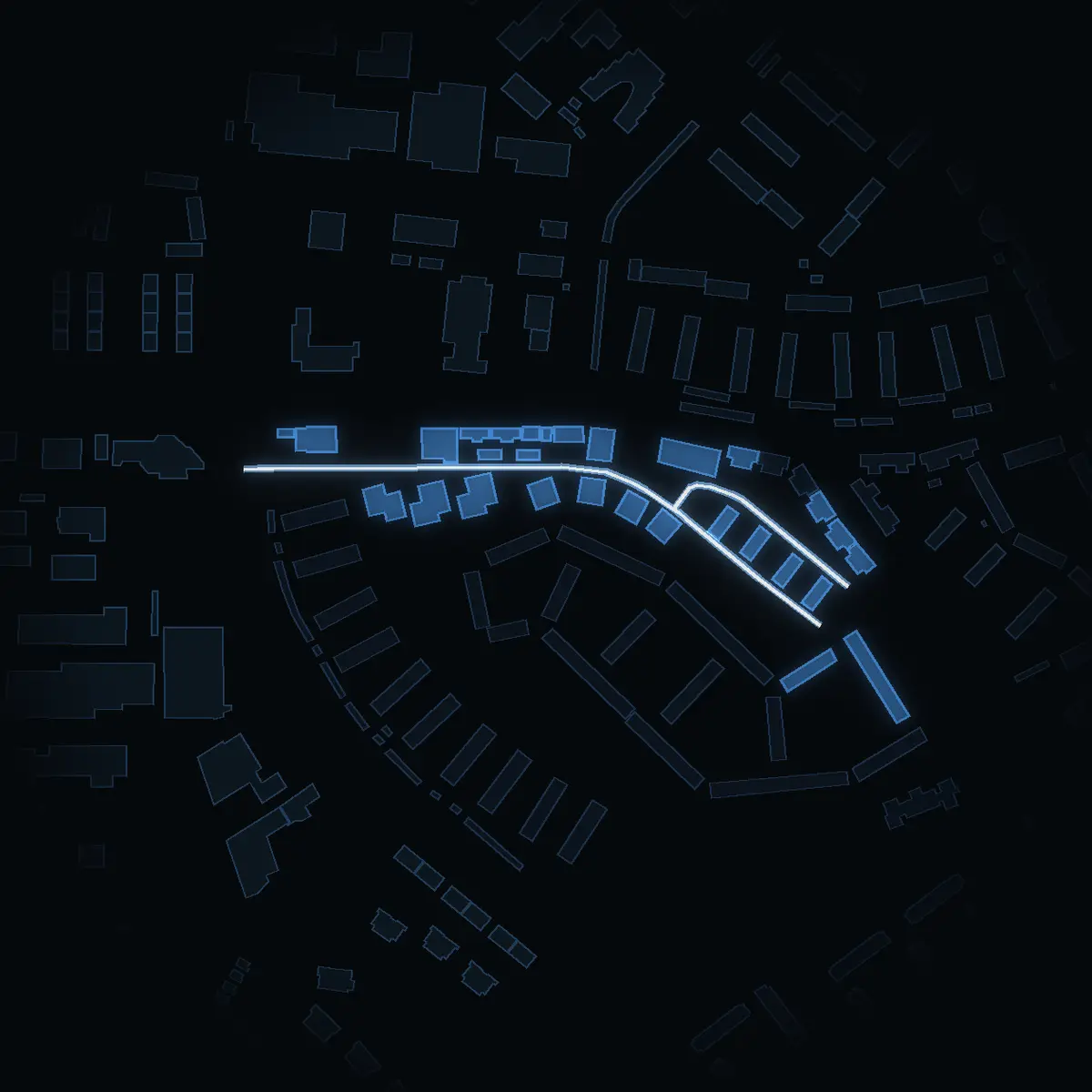 The street at night: Bollmorabacken drawn in white, its buildings lit in the colour of their area’s income