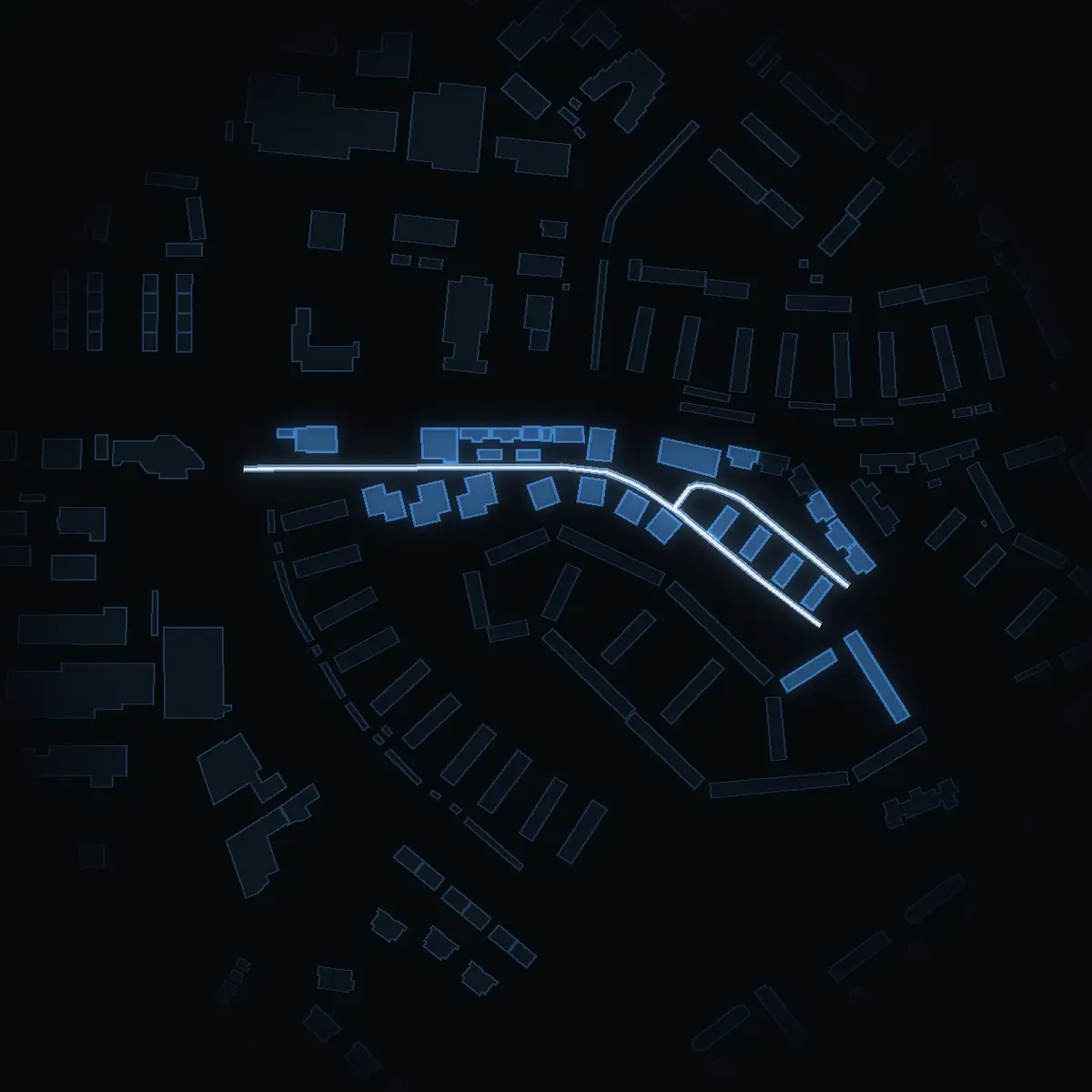 The street at night: Bollmorabacken drawn in white, its buildings lit in the colour of their area’s income