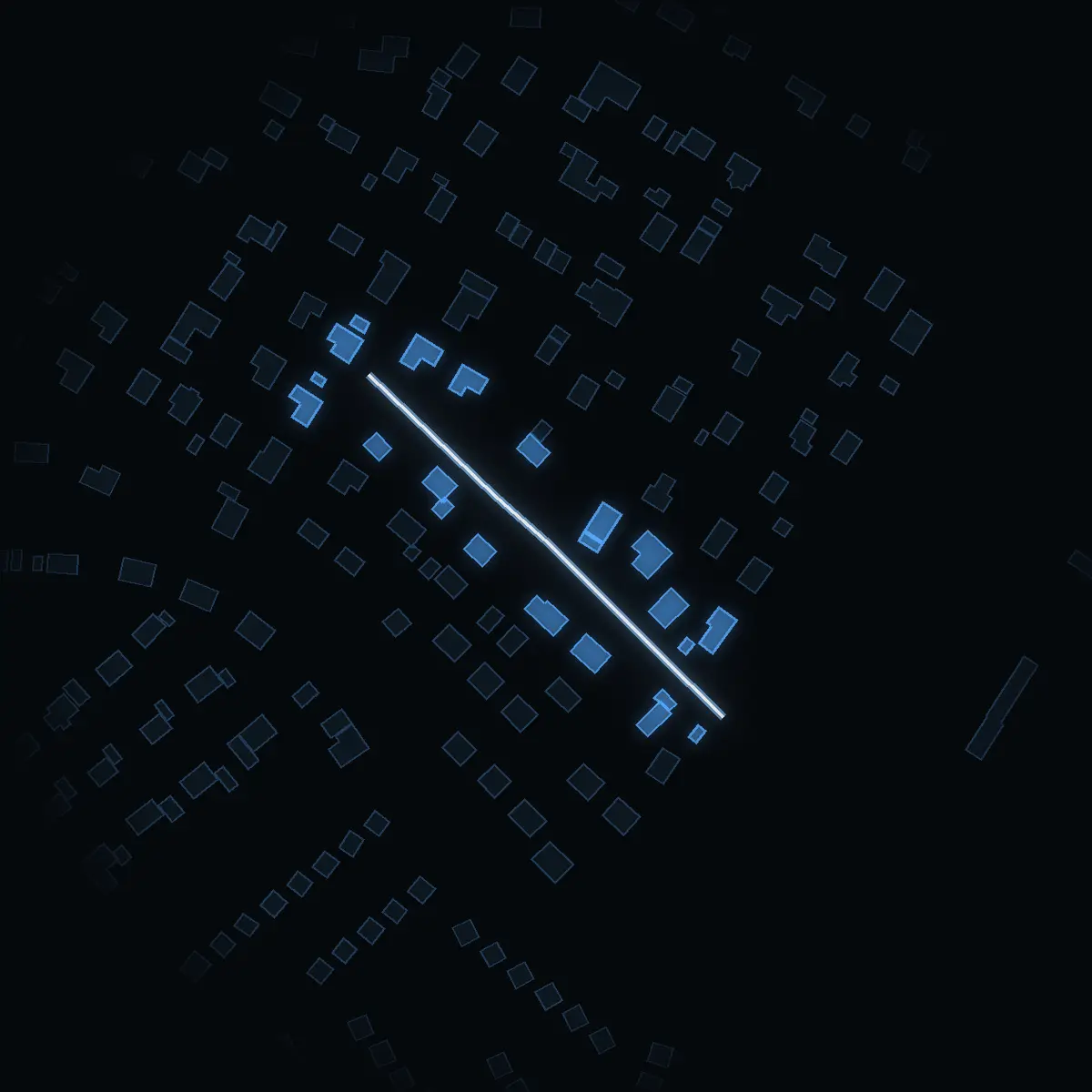 The street at night: Borevägen drawn in white, its buildings lit in the colour of their area’s income