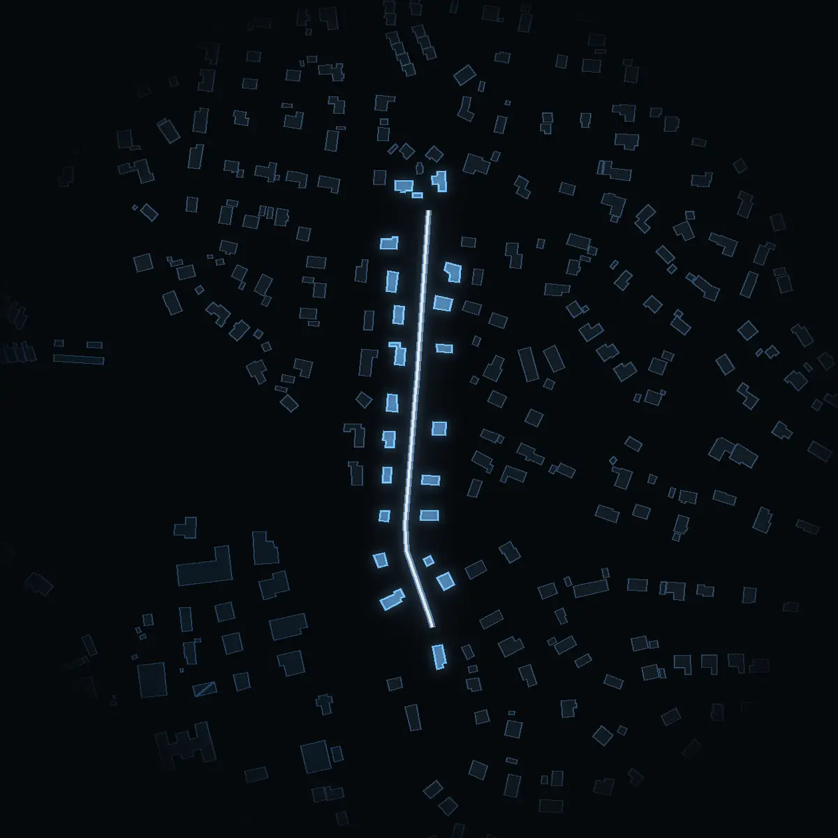 The street at night: Borgvägen drawn in white, its buildings lit in the colour of their area’s income