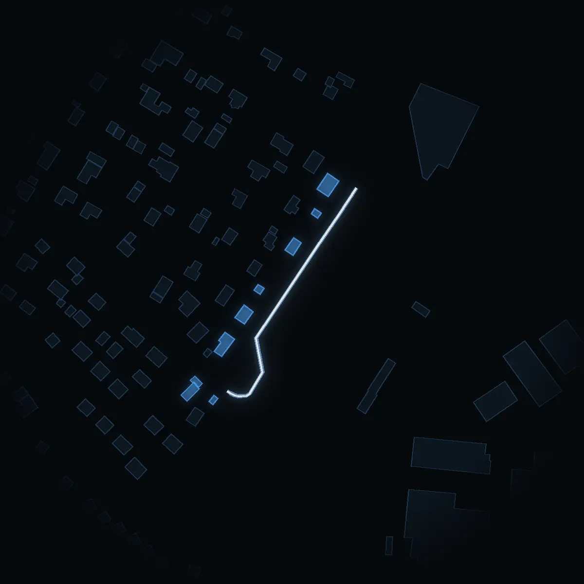 The street at night: Borrvägen drawn in white, its buildings lit in the colour of their area’s income