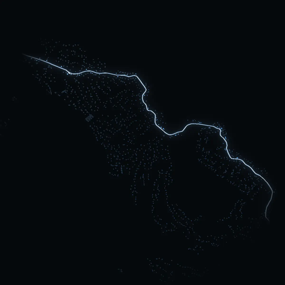 The street at night: Breviksvägen drawn in white, its buildings lit in the colour of their area’s income