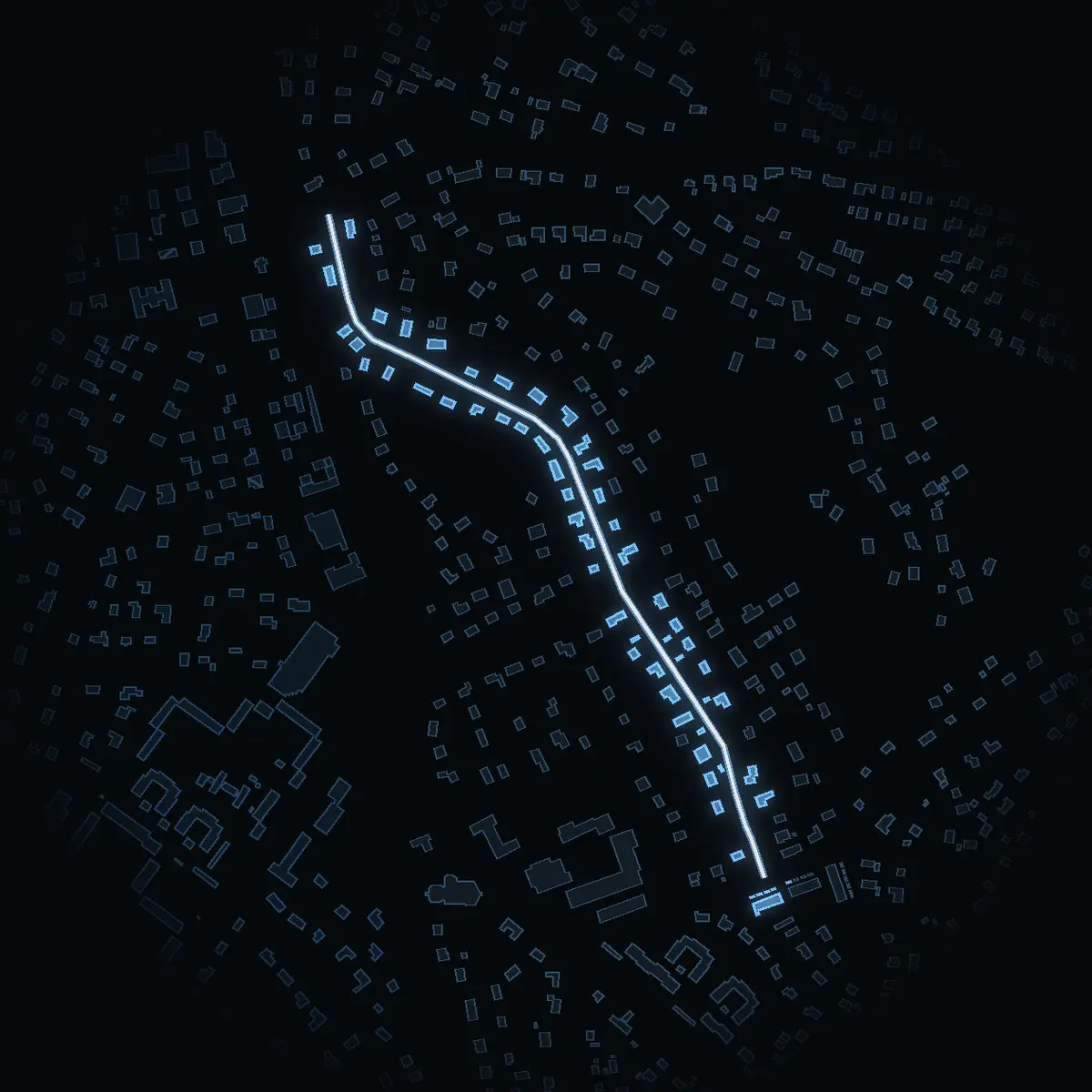 The street at night: Centralvägen drawn in white, its buildings lit in the colour of their area’s income