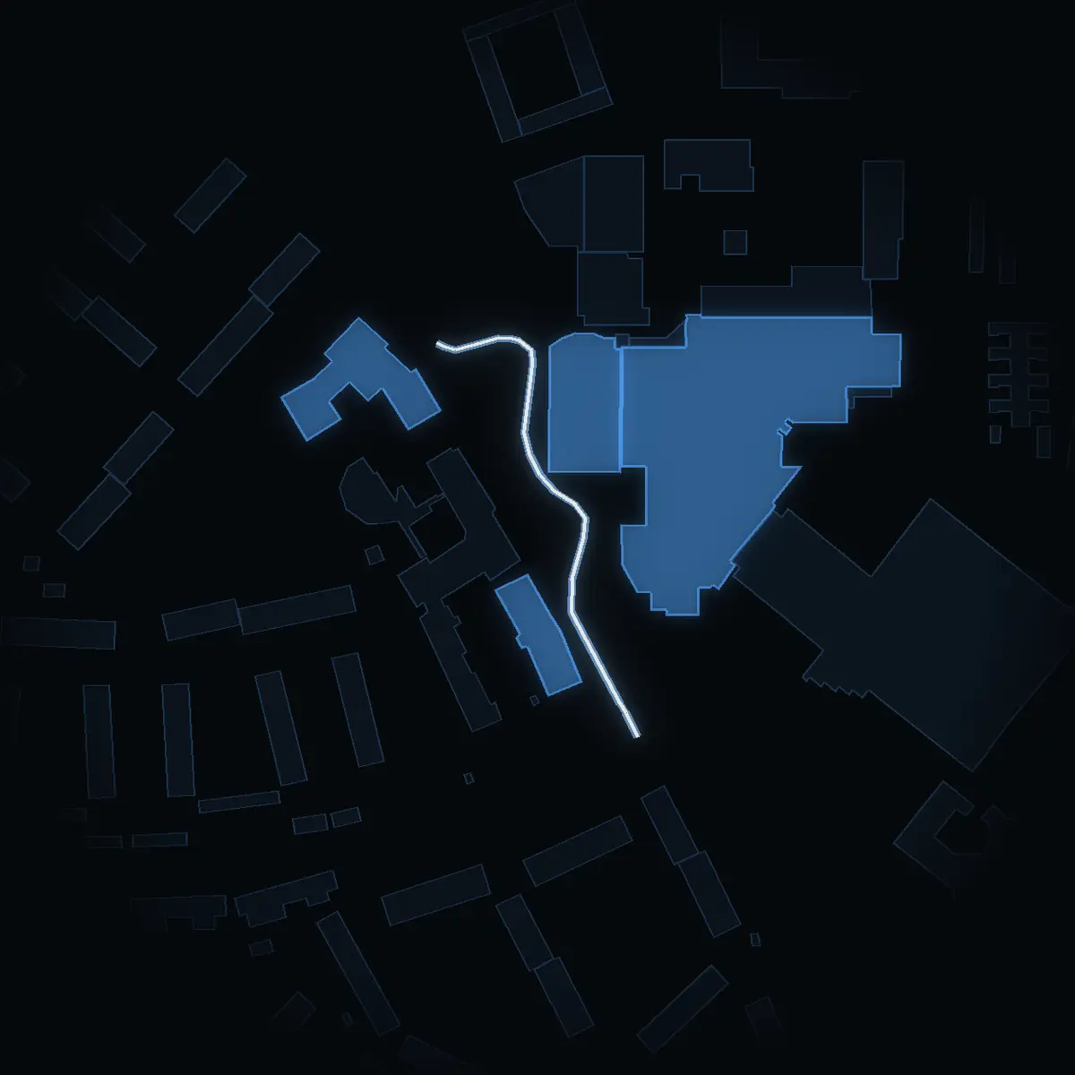 The street at night: Dalgränd drawn in white, its buildings lit in the colour of their area’s income