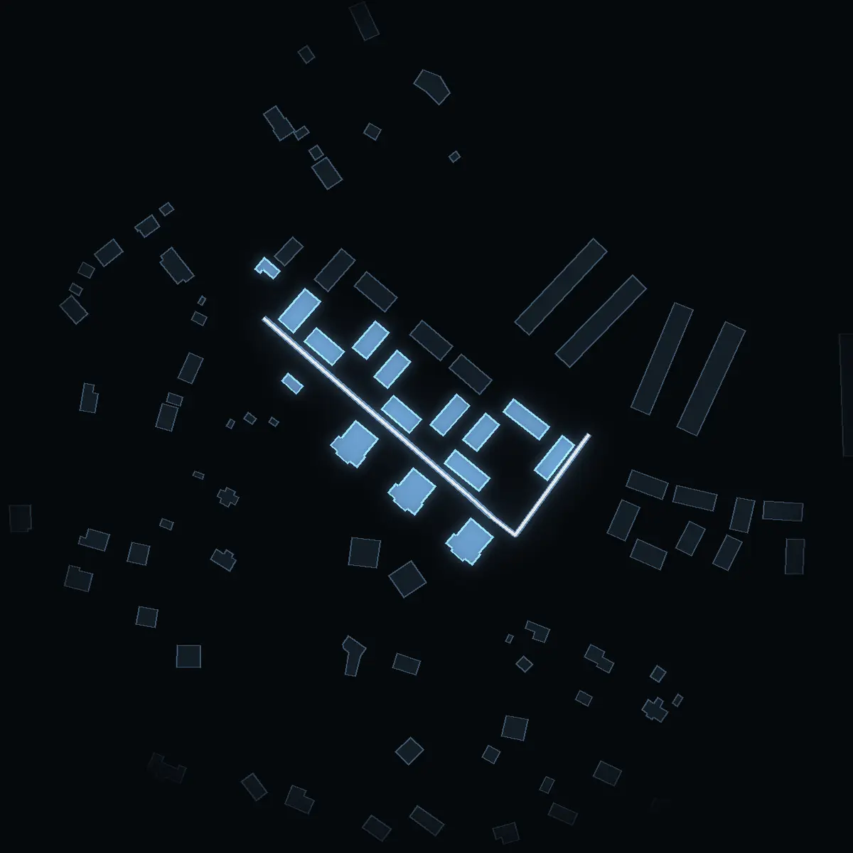The street at night: Ekängsgränd drawn in white, its buildings lit in the colour of their area’s income