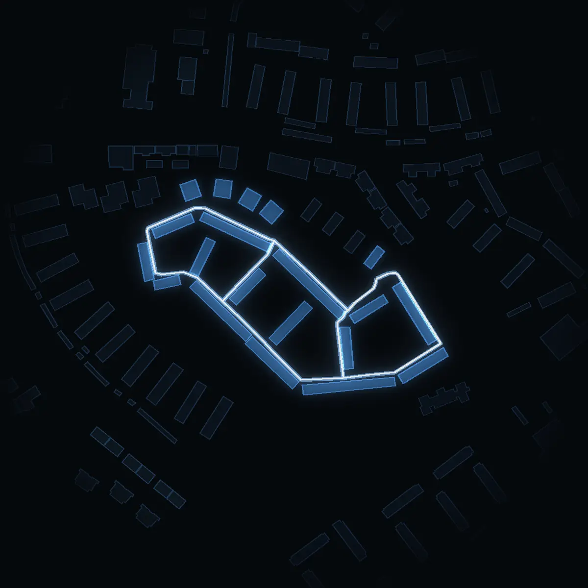 The street at night: Granitvägen drawn in white, its buildings lit in the colour of their area’s income