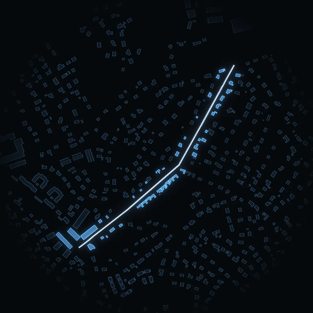 The street at night: Kärrvägen drawn in white, its buildings lit in the colour of their area’s income