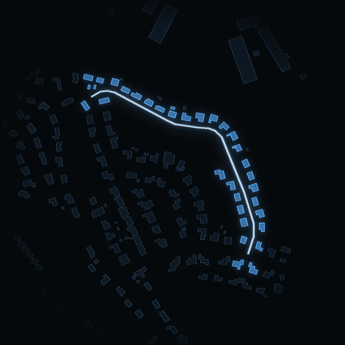 The street at night: Klarbärsvägen drawn in white, its buildings lit in the colour of their area’s income