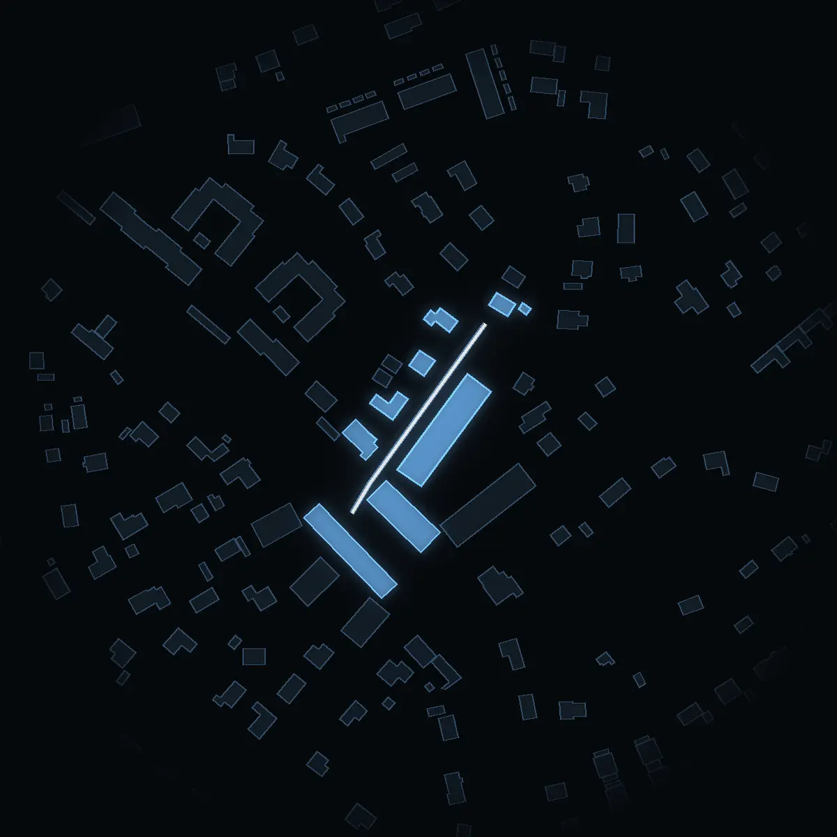 The street at night: Klockvägen drawn in white, its buildings lit in the colour of their area’s income