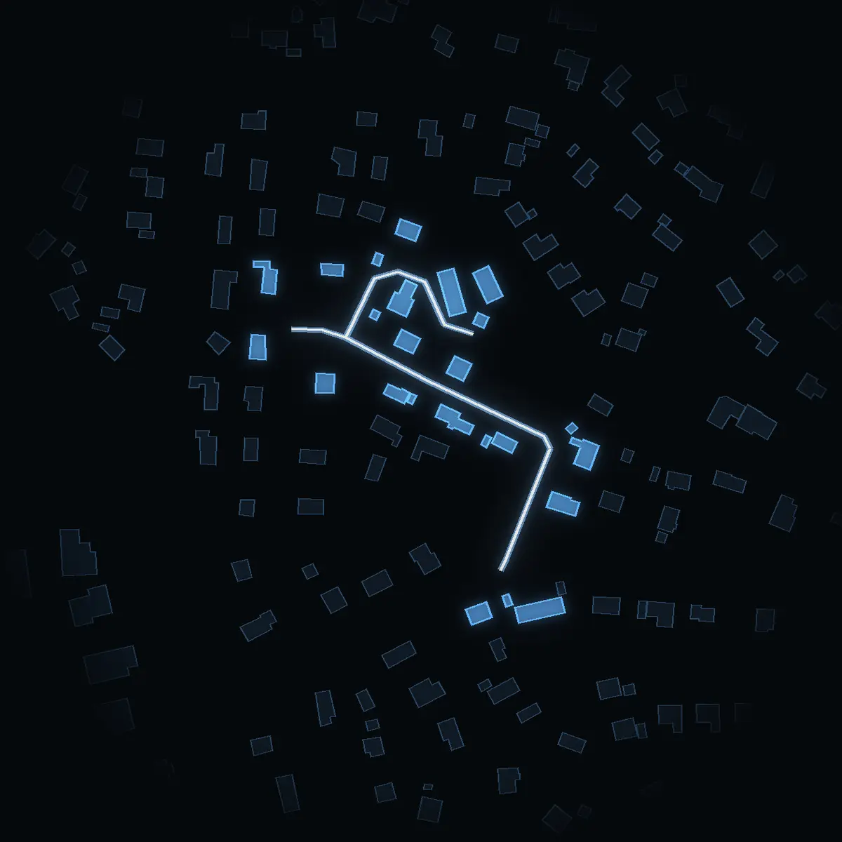 The street at night: Knektvägen drawn in white, its buildings lit in the colour of their area’s income