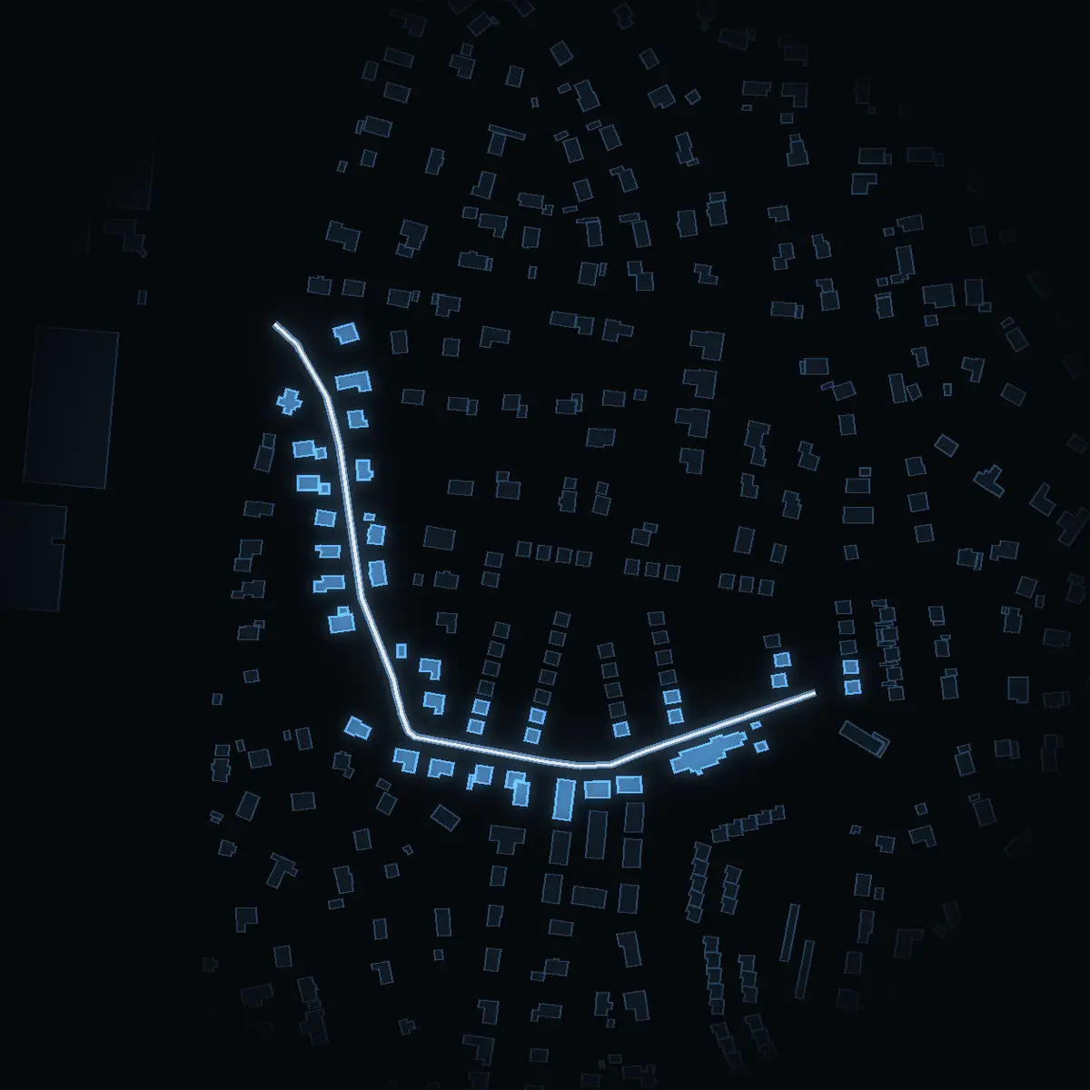 The street at night: Krokvägen drawn in white, its buildings lit in the colour of their area’s income