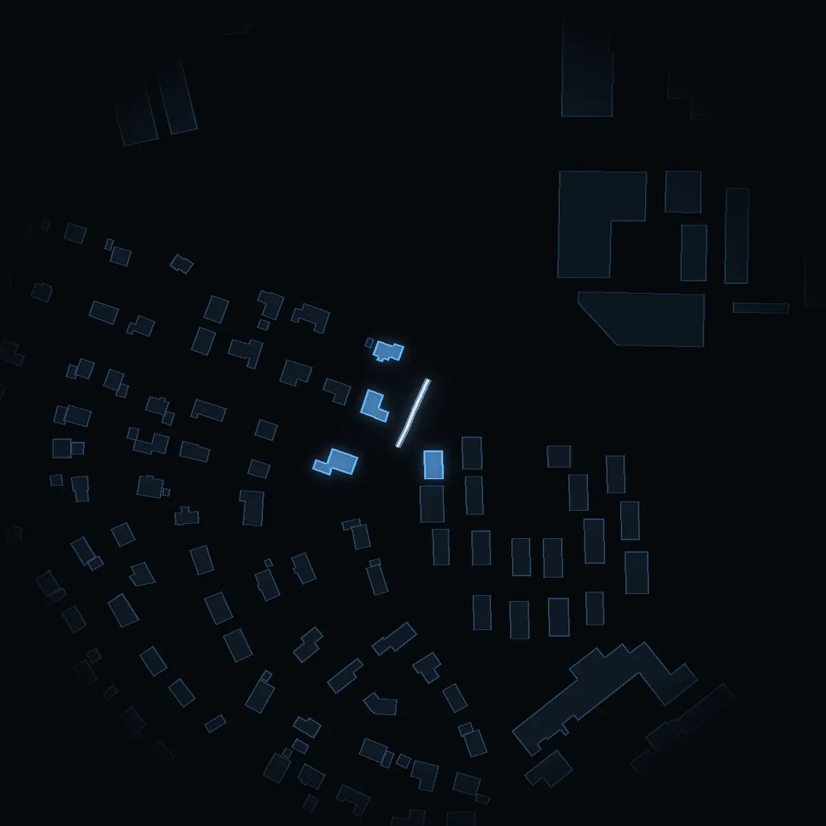 The street at night: Lindalens gårdsväg drawn in white, its buildings lit in the colour of their area’s income