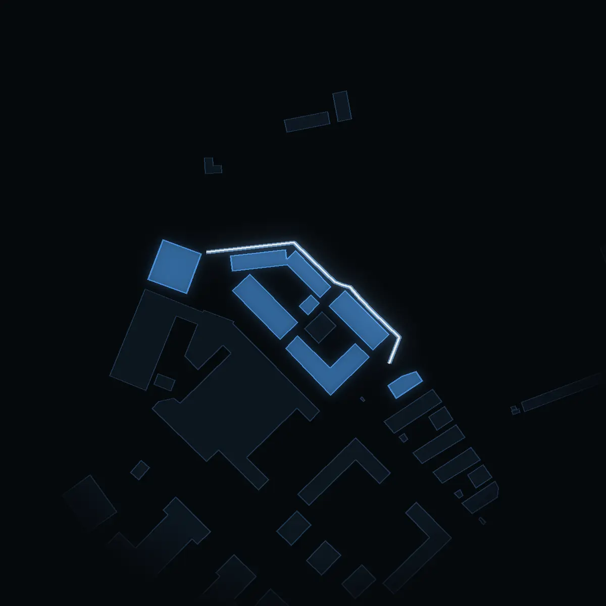 The street at night: LM Ericssons väg drawn in white, its buildings lit in the colour of their area’s income