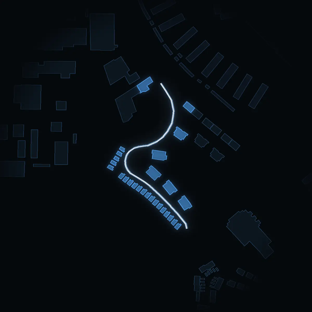 The street at night: Lövskogsvägen drawn in white, its buildings lit in the colour of their area’s income
