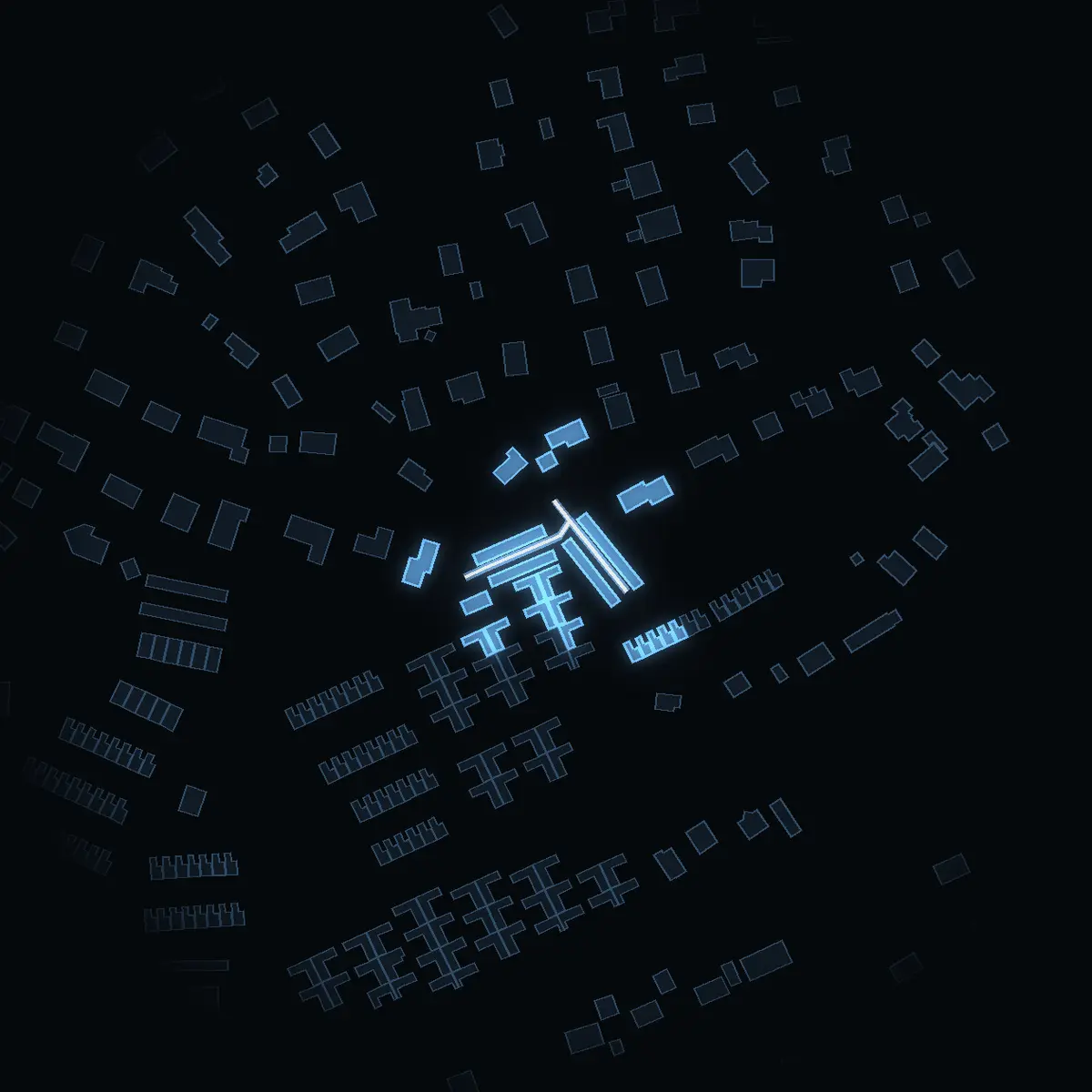 The street at night: Lyckogången drawn in white, its buildings lit in the colour of their area’s income