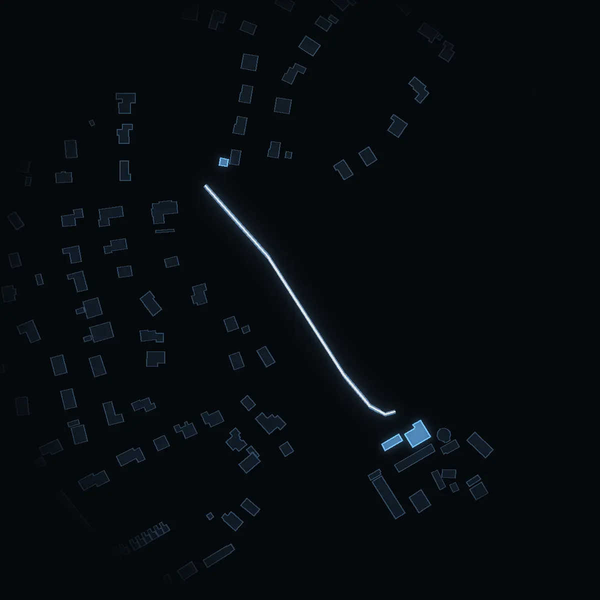The street at night: Måndalsstigen drawn in white, its buildings lit in the colour of their area’s income