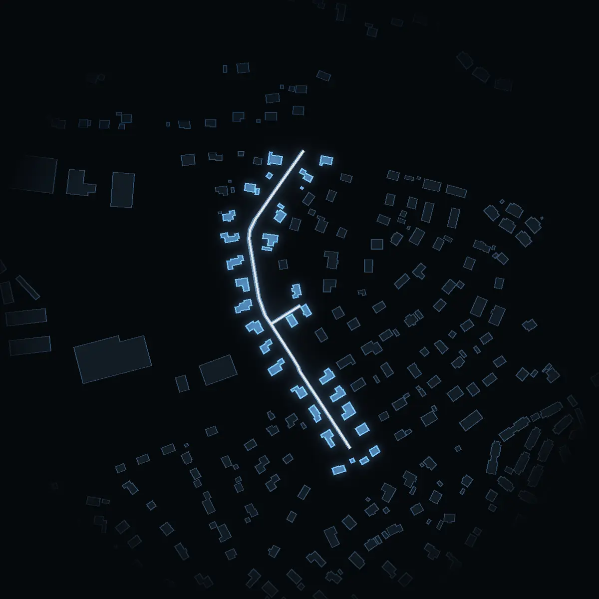 The street at night: Marsvägen drawn in white, its buildings lit in the colour of their area’s income