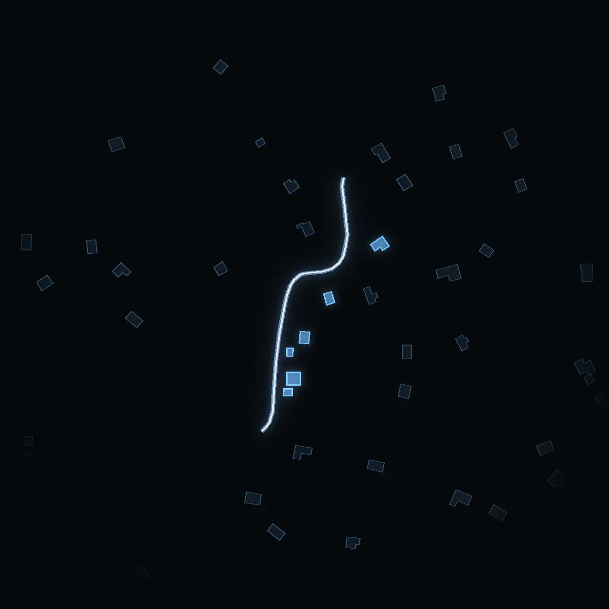 The street at night: Maskvägen drawn in white, its buildings lit in the colour of their area’s income