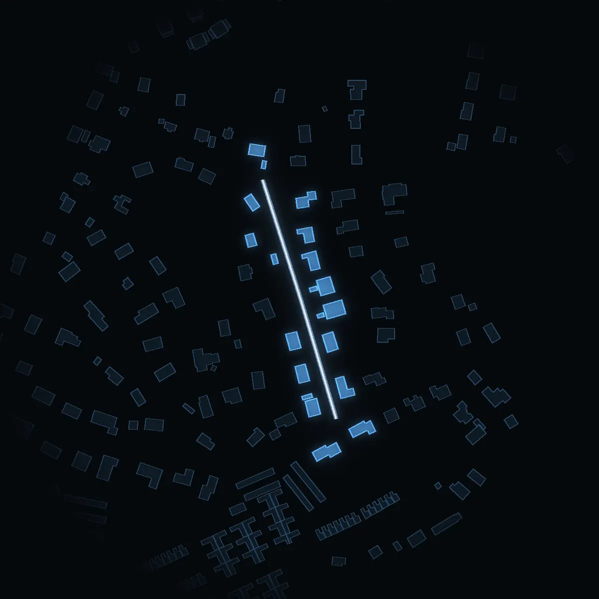 The street at night: Mellangårdsvägen drawn in white, its buildings lit in the colour of their area’s income