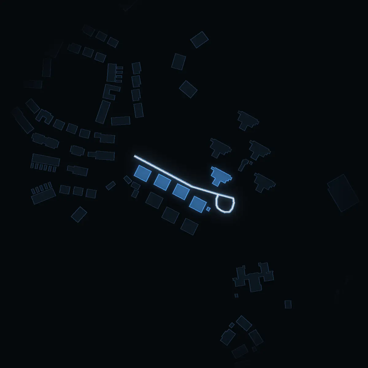 The street at night: Nypongränd drawn in white, its buildings lit in the colour of their area’s income
