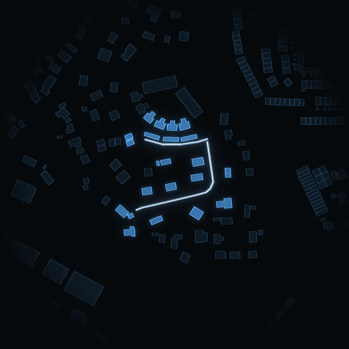 The street at night: Öringebacken drawn in white, its buildings lit in the colour of their area’s income