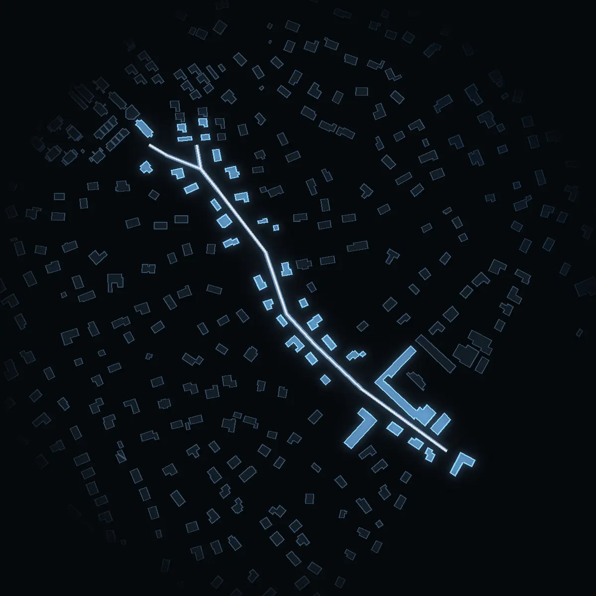 The street at night: Parkvägen drawn in white, its buildings lit in the colour of their area’s income
