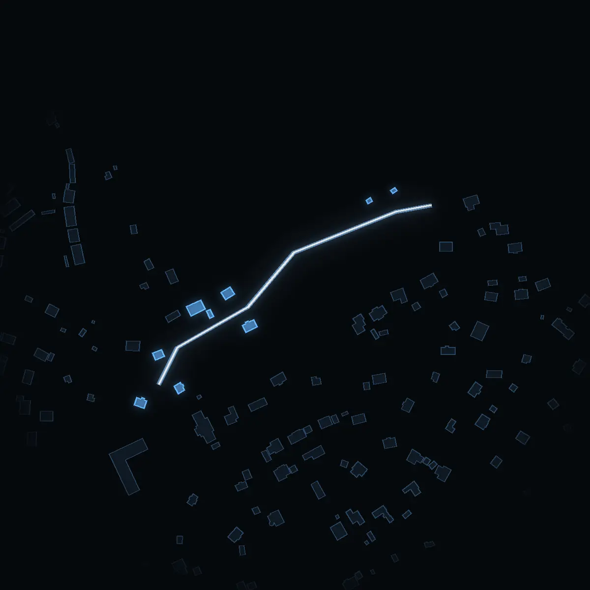 The street at night: Pelles väg drawn in white, its buildings lit in the colour of their area’s income