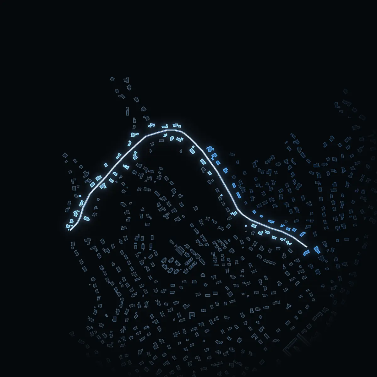 The street at night: Persuddevägen drawn in white, its buildings lit in the colour of their area’s income