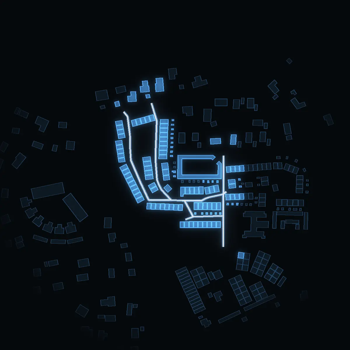 The street at night: Rubingången drawn in white, its buildings lit in the colour of their area’s income