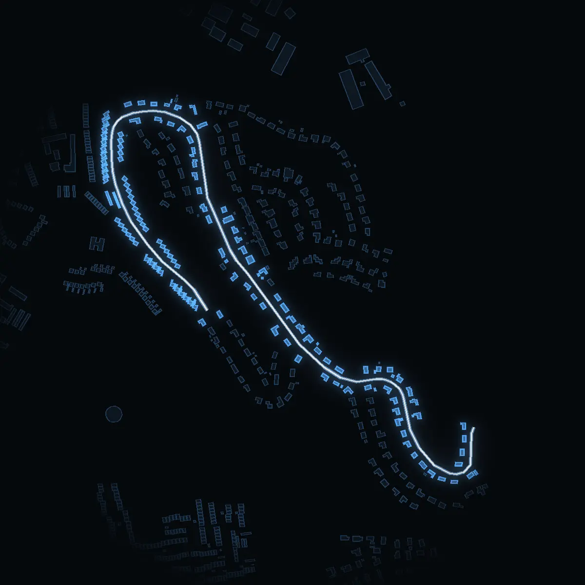 The street at night: Slåttervägen drawn in white, its buildings lit in the colour of their area’s income