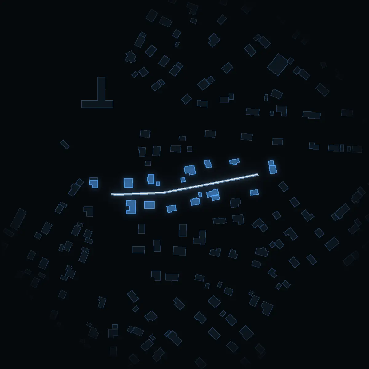 The street at night: Sleipnervägen drawn in white, its buildings lit in the colour of their area’s income