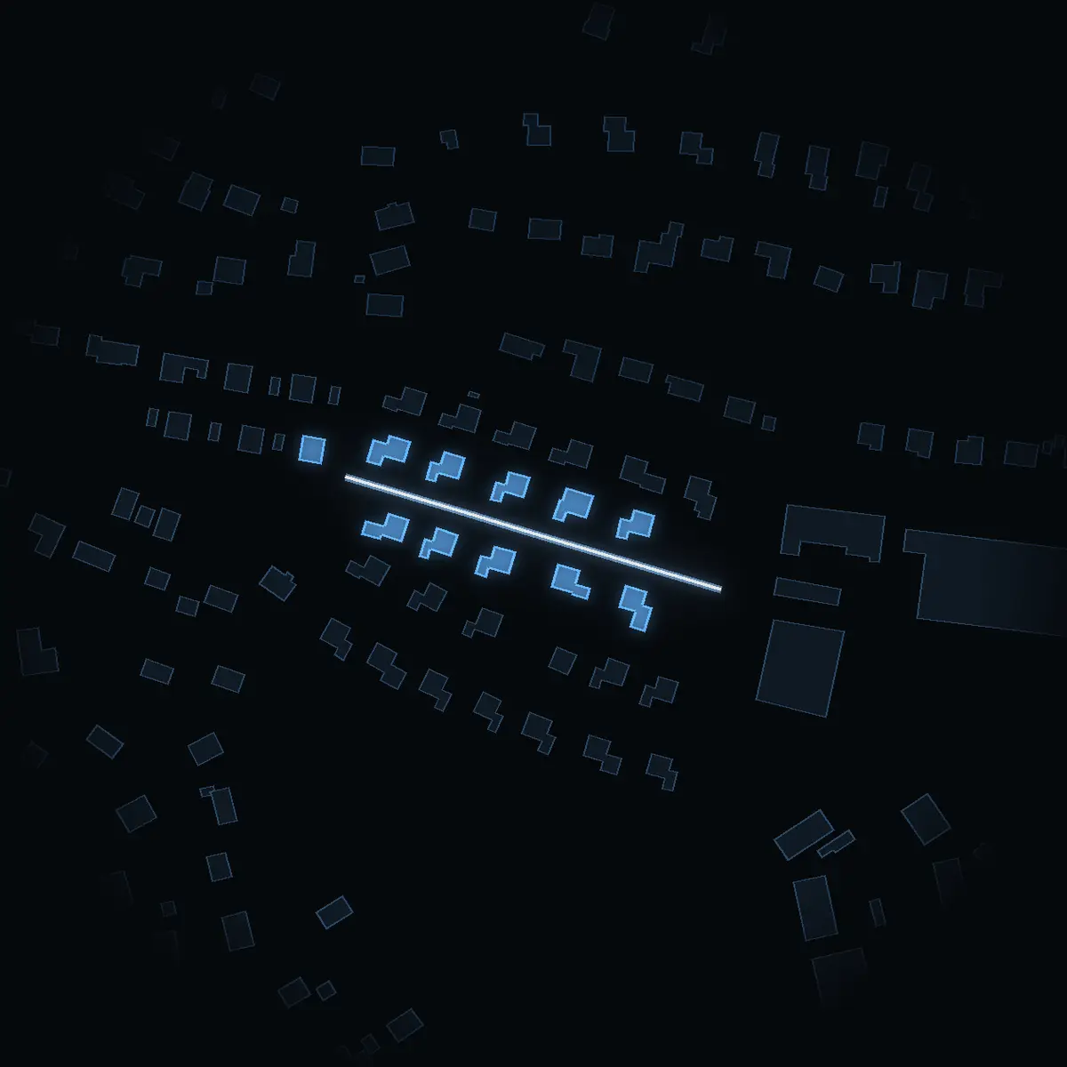 The street at night: Stickvägen drawn in white, its buildings lit in the colour of their area’s income