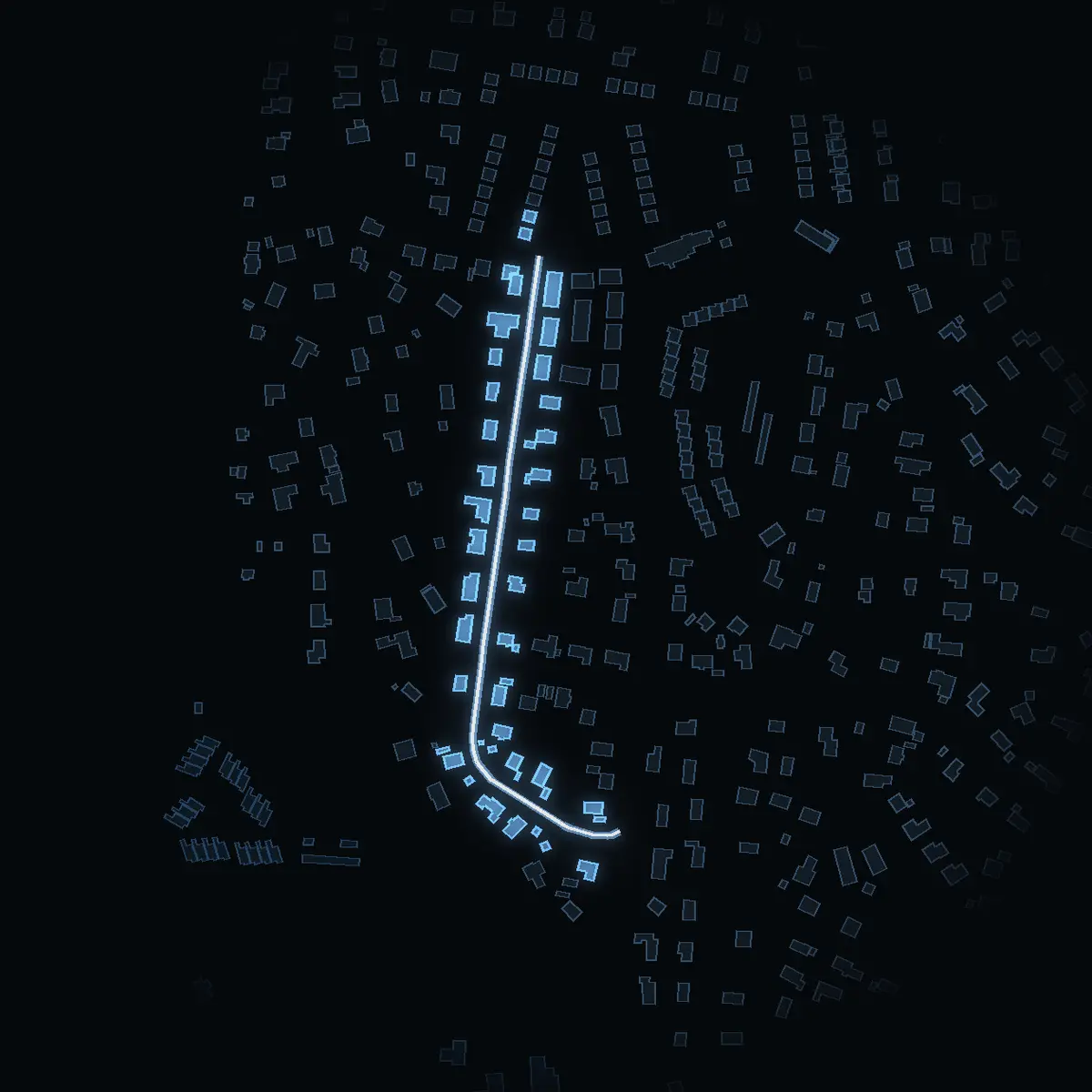 The street at night: Törnes väg drawn in white, its buildings lit in the colour of their area’s income